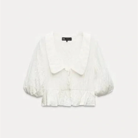 NWT ZARA Voluminous Peter Pan Collar Jacquard Shirt Blouse XS - Picture 3 of 7